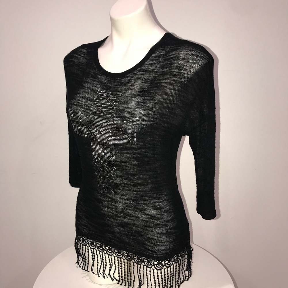 Daytrip Black Sweater Top Cross Silver Accents 3/4 Sleeve Fringe
